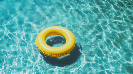 Yellow inflatable swim ring floating on bright turquoise water.