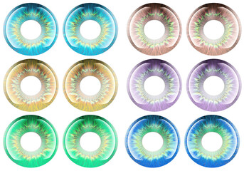 Set of colorful iris contact lenses. 3D rendering isolated on transparent background