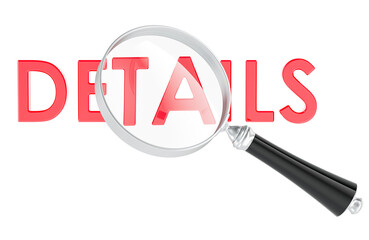 DETAILS with Magnifying glass. Focus, search, and paying attention to information concept. 3D rendering isolated on transparent background