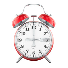 Alarm clock with fork and knife as clock hands. Meal time or intermittent fasting, concept. 3D rendering