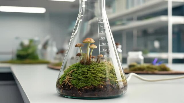 Plant life growing in laboratory flask with moss and mushrooms for detox  