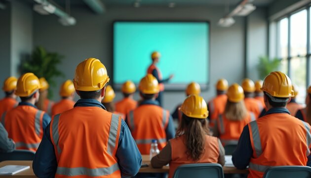 Construction safety training session in progress. Workers wearing helmets orange vests attentively listen trainer. Workplace safety emphasized. Construction industry concept education, job