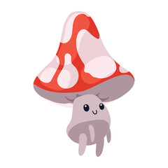 Cute Cartoon Mushroom Character Vector with Red and Pink Cap and Smiling Face for Kids and Fantasy Designs