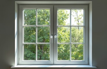 Fototapeta premium Bright white window overlooking vibrant green garden. Green trees outside window create natural scenic view. Home interior design, fresh foliage with sunny light. Residential architecture, house