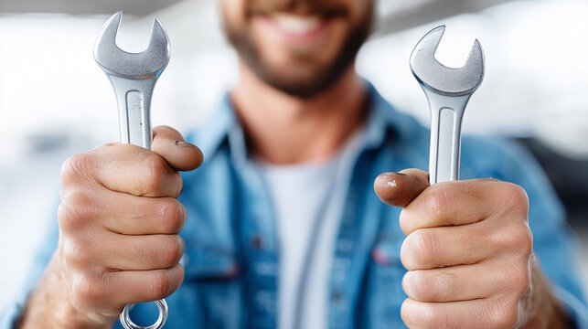 Confident young man smiling while holding two shiny wrenches, set against a blurred automotive workshop background, repair and renovation concept of handyman services - Powered by Adobe