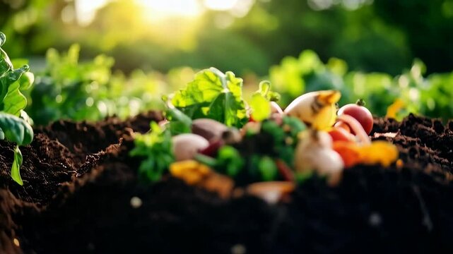 Close-up of an assortment of compostable organic kitchen food waste on dirt, sunny garden background, concept of earth renewal and sustainability.