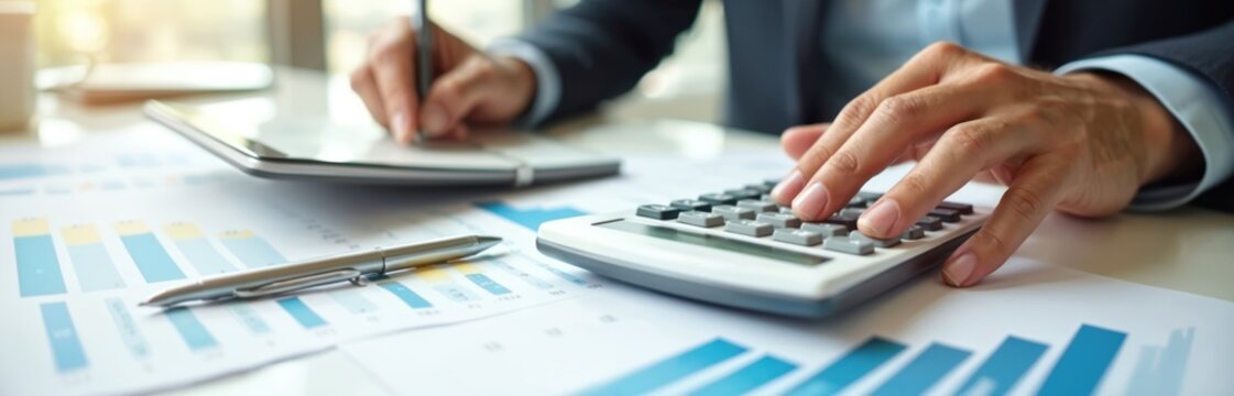 Man working on financial calculations. Accountant uses calculator, writes on a tablet at desk. Business finance and tax concept. Financial report, investment, economy, budget planning.