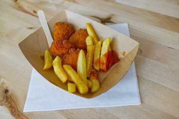 An uneaten portion of fries with a wooden fork in a brown bowl made of ecological cardboard,