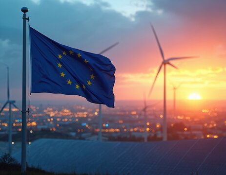 European Union flag waving against sunset sky, wind turbines, solar panels at green energy plant. Symbol of renewable tech, ecology, future innovation, sustainability, clean energy. Development,