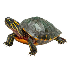 Obraz premium Side view of a red-eared slider turtle on a clean white background, displaying its colorful markings, textured shell, and extended legs in a detailed 