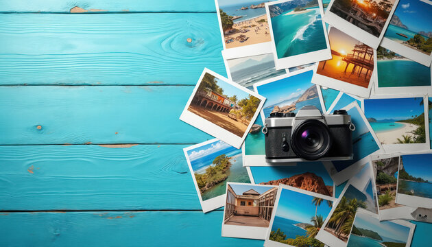 Heap vacation photos on azure wood table, retro camera. Travel, tourism, vacation concept. Summer tropical beach, island journey destinations, memories. Top view, copy space.