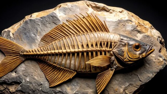 Fossilized fish skeleton with detailed bone structure on a rocky surface, exhibiting ancient marine life.