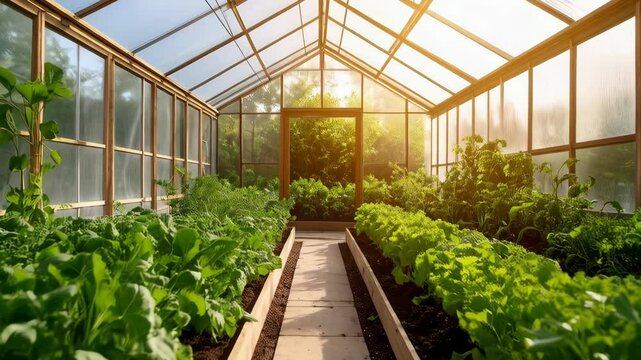 Bright sunlight illuminates wooden greenhouse with rows of vegetables and plants growing inside under a transparent roof, and garden.