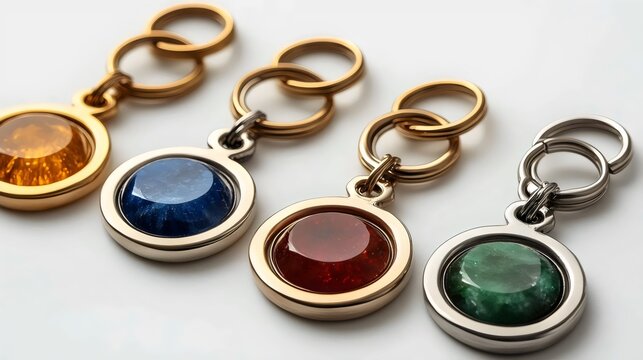 Four elegant keychains with colorful gemstones are displayed against a clean white backdrop.
