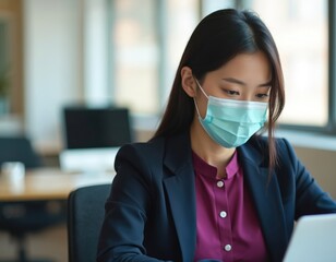 Young Asian office worker wearing protective face mask during work. Female employee working, using laptop in office during the virus pandemic. Business woman at work. Covid-19 safety rules in office.