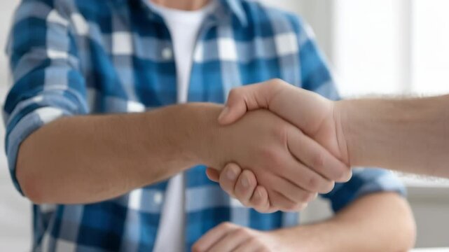 Professional handshake between individuals signifies collaboration and agreement in business meeting, fostering trust and partnership.