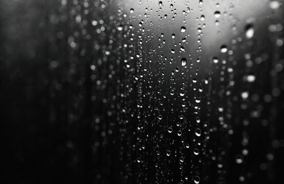 Black and white photo of raindrops on glass. Transparent surface with water drops texture. Autumn weather concept with transparent background. Rain on window concept.