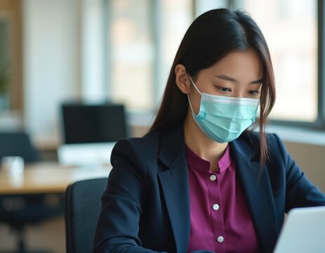 Young Asian office worker wearing protective face mask during work. Female employee working, using laptop in office during the virus pandemic. Business woman at work. Covid-19 safety rules in office.