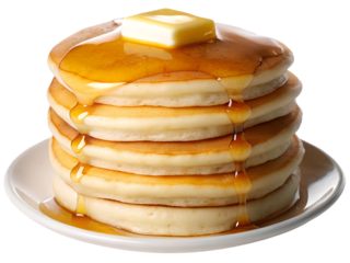 stack of pancake with honey syrup on the white plate on isolated transparent background