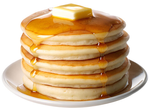 stack of pancake with honey syrup on the white plate on isolated transparent background