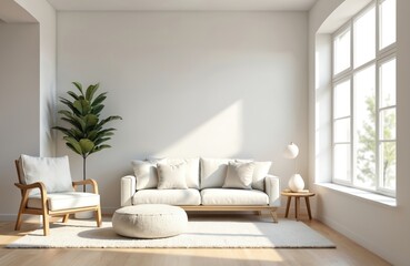 Modern minimalist interior design, empty living room. White sofa, chair, pillows, pouf, rug, wood floor, large window, sunlight. Decor, apartment, comfortable home.