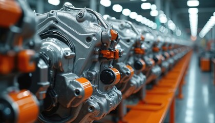 Fototapeta premium Automotive engine assembly line in factory. Shiny new engines. Industrial production, automated process. Automotive industry manufacturing, tech, innovation, economy, engineering.