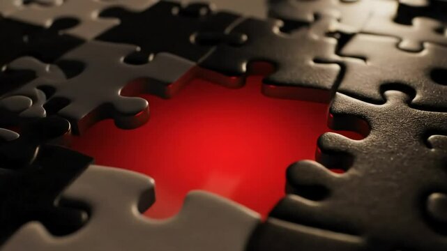 A close up view of black and white puzzle pieces with a red background visible through the gap