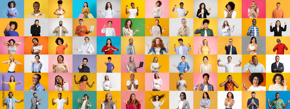 Aufkleber a vibrant collage displays a diverse group of people smiling and gesturing, promoting a message of u