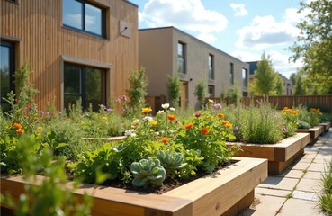 Modern low-income housing project with sustainable passive house design. Environmentally friendly buildings, community, urban landscaping, garden, sunny day with flowering plants.