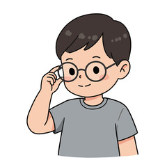Cheerful young boy adjusting his glasses while smiling, set against a minimalist white background, educational concept of tutoring or children's learning