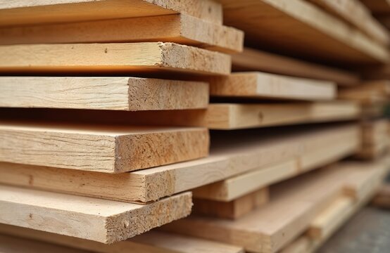 Close-up view of stacked lumber. Wooden planks stacked high. Timber materials, raw wooden texture, construction material. Industrial wood pile background, carpentry industry, woodworking.