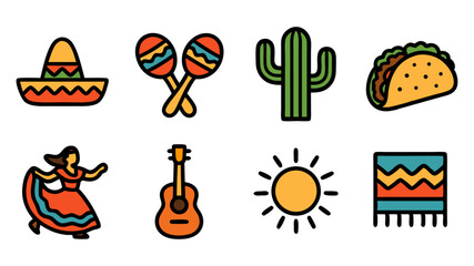 Mexican Culture and Fiesta Icons – Colorful Flat Vector Set for Cinco de Mayo and Festive Designs


