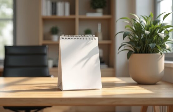 Blank white desk calendar stands wooden desk. Blurred office background, chair bookshelf. Professional business workspace template for events, planning, appointments, schedule. Modern minimalist