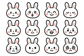 Cute Bunny Emoji Faces Set – Kawaii Rabbit Expressions in Flat Vector Style for Emotes, Stickers and Reaction Icons
