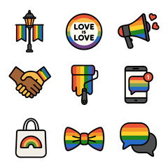 LGBTQ Pride Icons Set – Rainbow Symbols with Flag, Paint Roller, Megaphone, Bow Tie, Phone, Handshake, Shopping Bag and Chat Bubble
