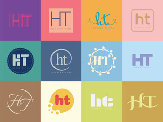 HT logo company template. Letter h and t logotype. Set different classic serif lettering and modern bold text with design elements. Initial font typography.