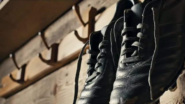 Close up of black leather shoes hanging on wooden hooks against a rustic wooden wall inside a room