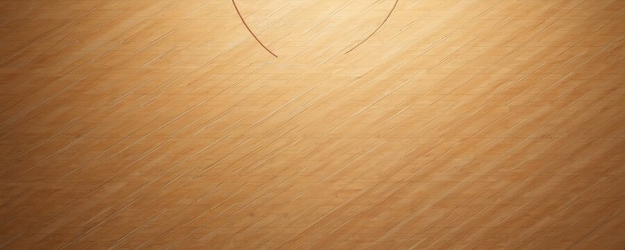 Aerial view hardwood maple basketball court floor. Detailed grain patterns showcase polished surface. Sports design for indoor arena, gym, athletic facility. Wooden floor texture, perfect for design