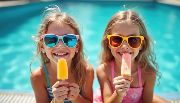 Two young girls in sunglasses enjoy ice cream near swimming pool. Siblings smile, have fun on summer vacation, cooling themselves with popsicle treats. Happy childhood moments on a sunny day. - Powered by Adobe