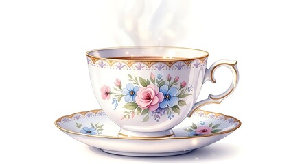 A vintage teacup filled with hot tea, emitting gentle steam