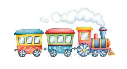 Colorful cartoon train with three carriages, steam, and cheerful design. 