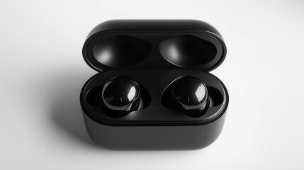 Stylish black wireless earbuds with a sleek design, isolated on a clean white background