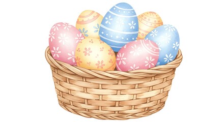 Fototapeta premium A colorful Easter egg basket, filled with decorated eggs. These eggs have intricate patterns, which add to the charm of the Easter season. The basket is sitting on a flat surface