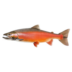 Side view of a sockeye salmon swimming upstream, isolated on a white background, showcasing its streamlined body, vibrant red coloration, and distinctive hooked jaw