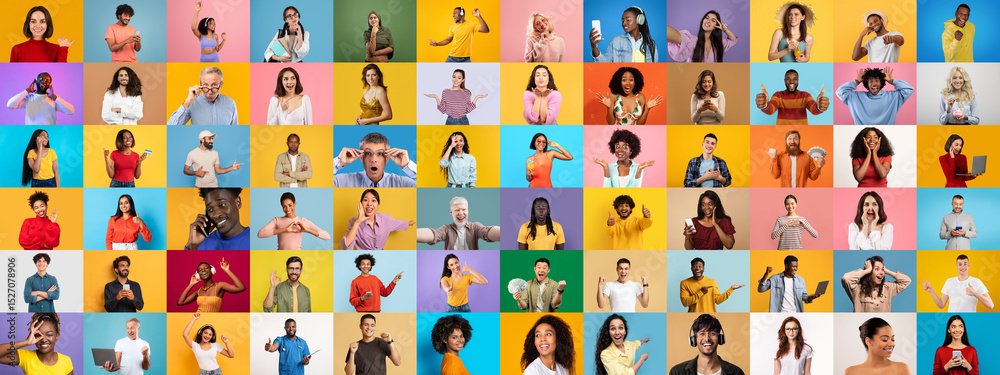 Poster a lively collection showcases diverse faces in colorful backgrounds, representing various cultures a