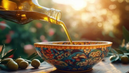 Olive oil pouring into a decorative bowl outdoors. Sunlight highlights the golden liquid