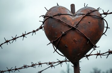 Rusted metal heart entwined with barbed wire under gray sky. Symbol of love in captivity. Conceptual image of pain sorrow, loss. Abstract art photo about relationships. Barbed wire fence, security,
