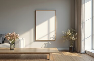 Modern living room interior with mockup poster frame on wall. Wooden coffee table near sofa with plants. Window with curtains. Bright light from window. Minimalist design. Home decor.