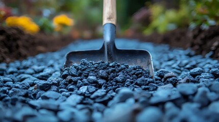 A shovel loaded with gravel, perfect for landscaping and outdoor projects.