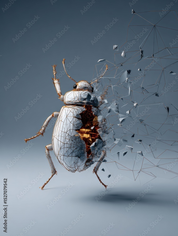 Aufkleber 3D Wireframe Insect Symbol Disintegrating With a Dynamic Visual Representation of Fragmentation and Movement